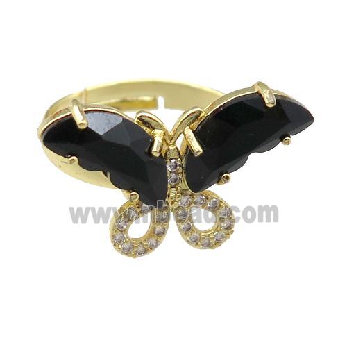 black Crystal Glass Butterfly Rings, adjustable, gold plated