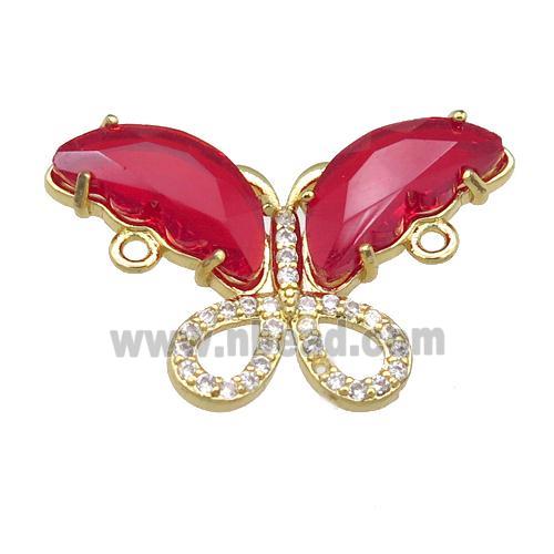 red Crystal Glass Butterfly Connector, gold plated