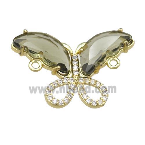 smoky Crystal Glass Butterfly Connector, gold plated
