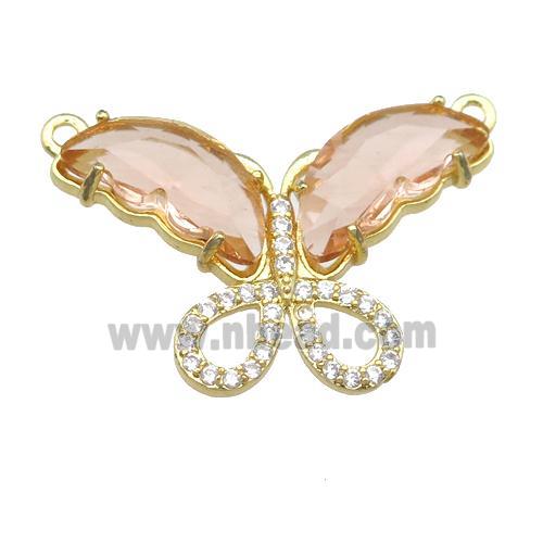 peach Crystal Glass Butterfly Pendant with 2loops, gold plated