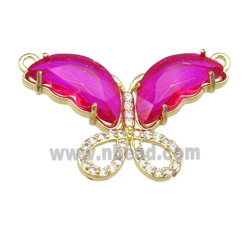 hotpink Crystal Glass Butterfly Pendant with 2loops, gold plated