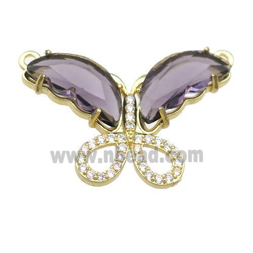 purple Crystal Glass Butterfly Pendant with 2loops, gold plated