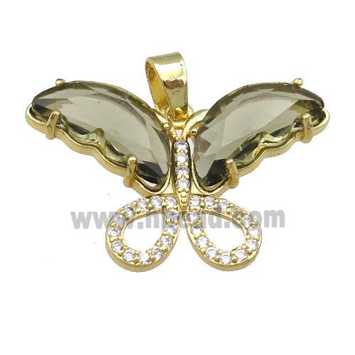 smoky Crystal Glass Butterfly Pendant, gold plated
