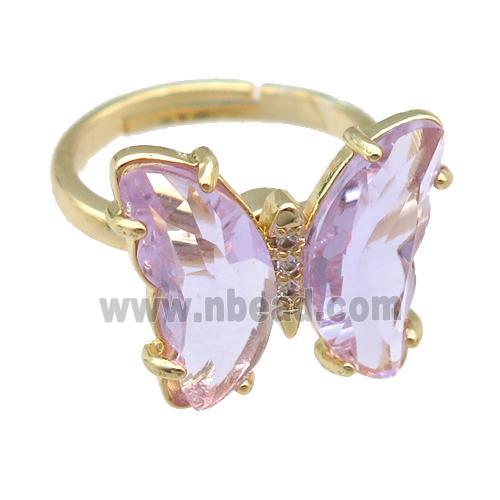 lavender Crystal Glass Butterfly Spinner Rings, adjustable, gold plated
