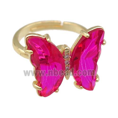 hotpink Crystal Glass Butterfly Spinner Rings, adjustable, gold plated