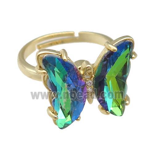 bluegreen Crystal Glass Butterfly Spinner Rings, adjustable, gold plated