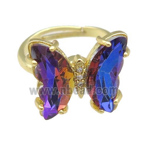 bluepurple Crystal Glass Butterfly Spinner Rings, adjustable, gold plated