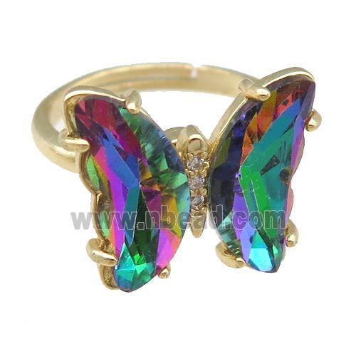 rainbow Crystal Glass Butterfly Spinner Rings, adjustable, gold plated