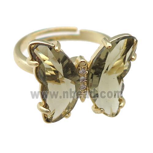 smoky Crystal Glass Butterfly Spinner Rings, adjustable, gold plated