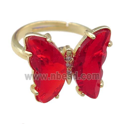red Crystal Glass Butterfly Spinner Rings, adjustable, gold plated