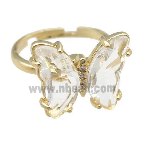 clear Crystal Glass Butterfly Spinner Rings, adjustable, gold plated