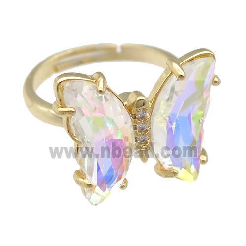 clear AB-color Crystal Glass Butterfly Spinner Rings, adjustable, gold plated