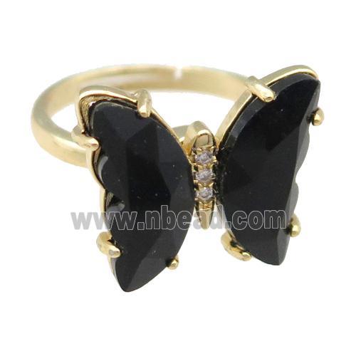 black Crystal Glass Butterfly Spinner Rings, adjustable, gold plated