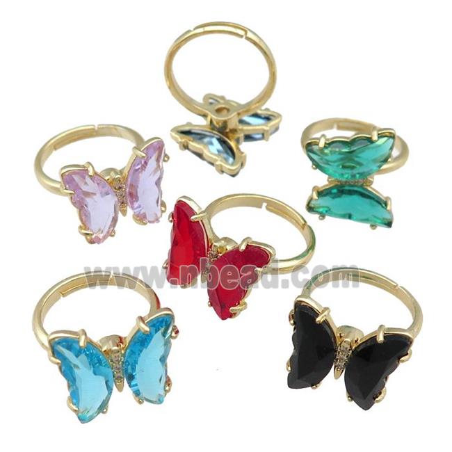 mix Crystal Glass Butterfly Spinner Rings pave zircon, adjustable, gold plated