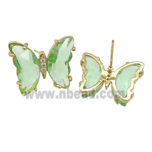 lt.green Crystal Glass Butterfly Stud Earrings, gold plated