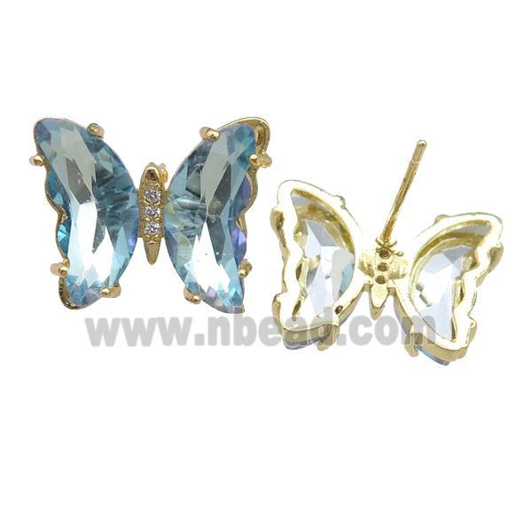 lt.blue Crystal Glass Butterfly Stud Earrings, gold plated