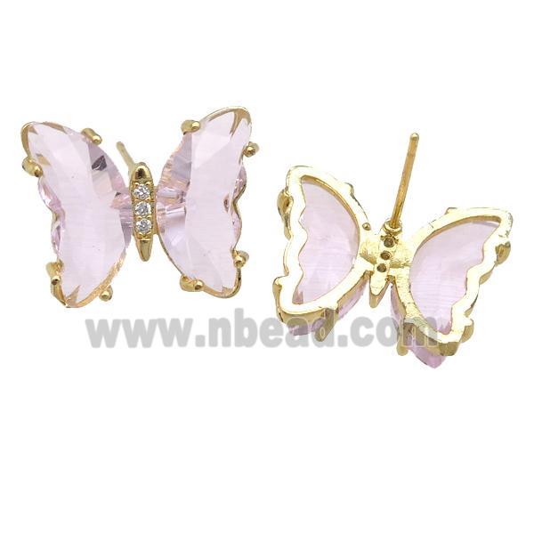 lt.pink Crystal Glass Butterfly Stud Earrings, gold plated