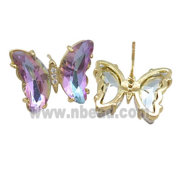 multicolor Crystal Glass Butterfly Stud Earrings, gold plated