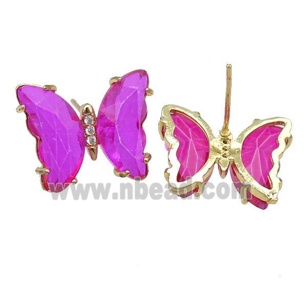 hotpink Crystal Glass Butterfly Stud Earrings, gold plated