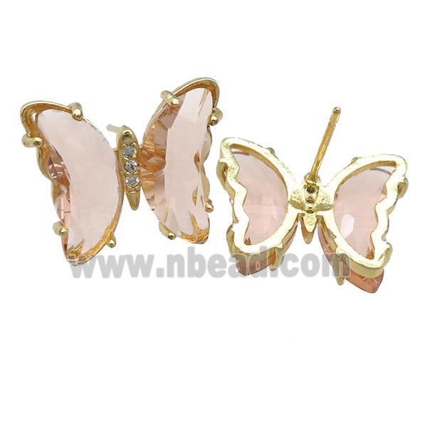 peach Crystal Glass Butterfly Stud Earrings, gold plated