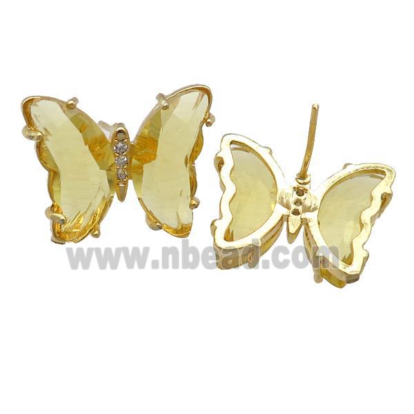 golden Crystal Glass Butterfly Stud Earrings, gold plated