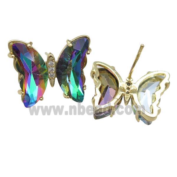 rainbow Crystal Glass Butterfly Stud Earrings, gold plated