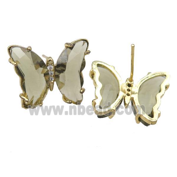 smoky Crystal Glass Butterfly Stud Earrings, gold plated
