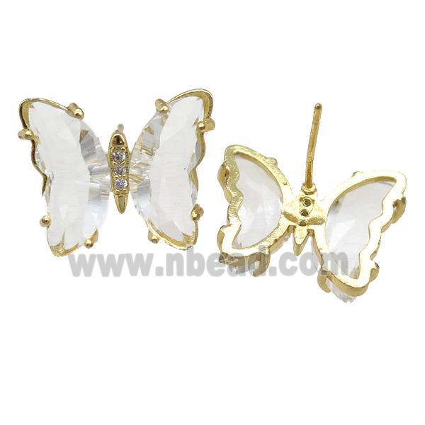 clear Crystal Glass Butterfly Stud Earrings, gold plated