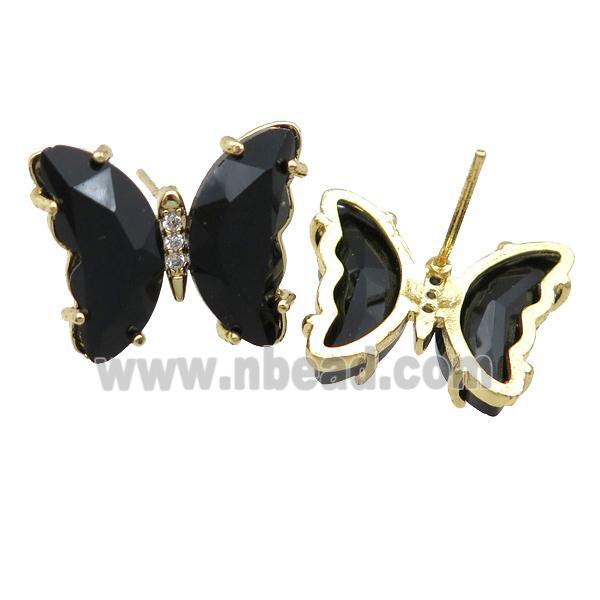 black Crystal Glass Butterfly Stud Earrings, gold plated