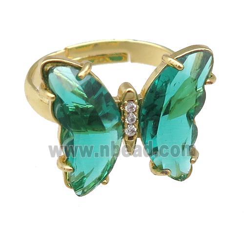 peacockgreen Crystal Glass Butterfly Rings, gold plated