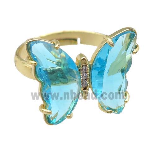aqua Crystal Glass Butterfly Rings, gold plated