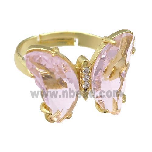 lt.pink Crystal Glass Butterfly Rings, gold plated