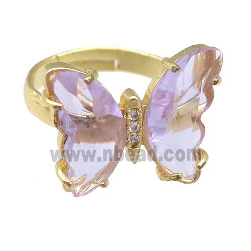 lavender Crystal Glass Butterfly Rings, gold plated