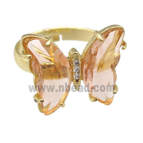 peach Crystal Glass Butterfly Rings, gold plated