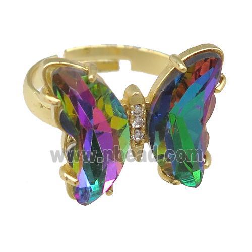 rainbow Crystal Glass Butterfly Rings, gold plated