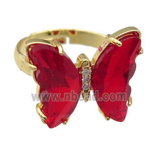 red Crystal Glass Butterfly Rings, gold plated