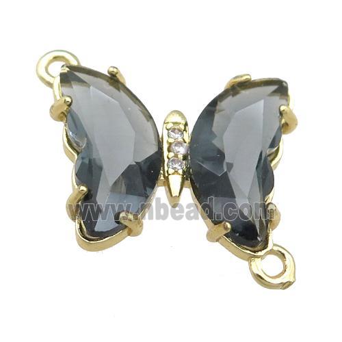 smoky Crystal Glass Butterfly Connector, gold plated