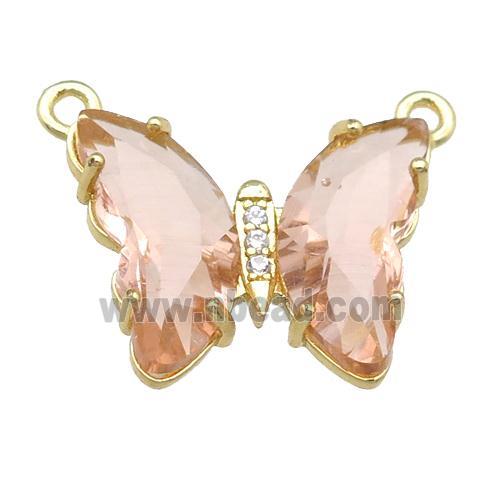 peach Crystal Glass Butterfly Pendant with 2loops, gold plated
