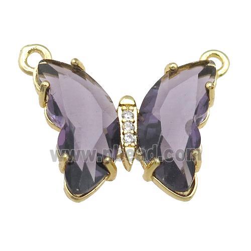 purple Crystal Glass Butterfly Pendant with 2loops, gold plated