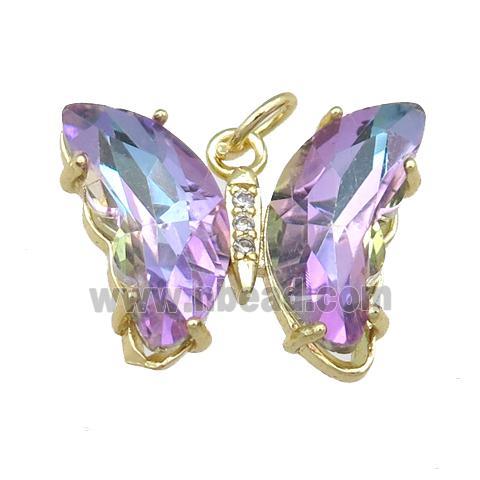 mauve Crystal Glass Butterfly Pendant, gold plated