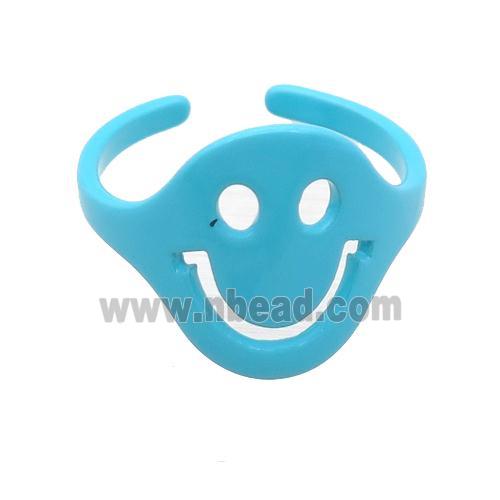 copper Rings with blue fire lacquered, smileface, adjustable