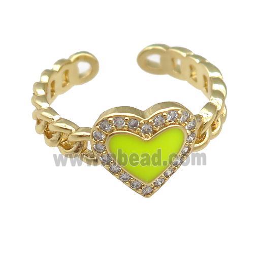 copper Rings with yellow enamel heart, gold plated, adjustable