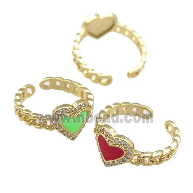 copper Rings with enamel heart, adjustable, gold plated, mixed