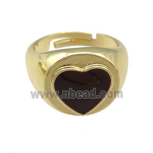 copper Rings with black enamel heart, adjustable, gold plated