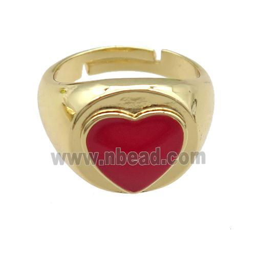 copper Rings with red enamel heart, adjustable, gold plated