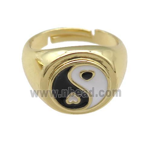 copper Rings with enamel taichi, adjustable, gold plated