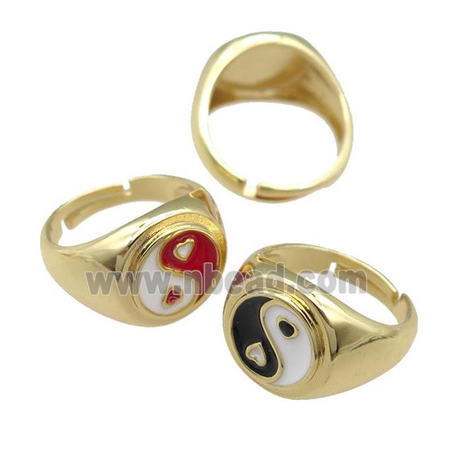 copper Rings with enamel taichi, adjustable, gold plated, mixed