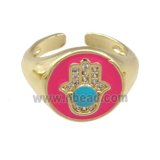 copper Rings with hotpink enamel hand, adjustable, gold plated