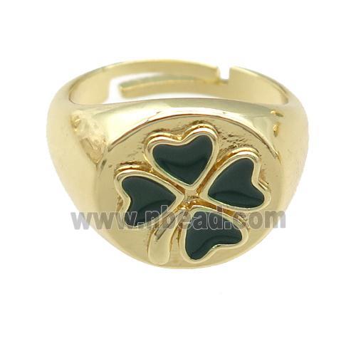 copper Rings with enamel clover, adjustable, gold plated