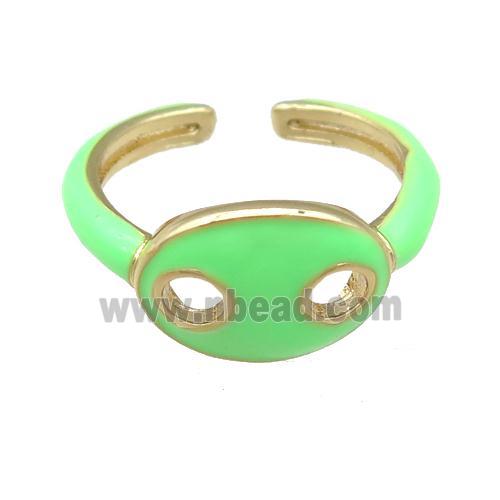 copper Rings with green enamel pignose, adjustable, gold plated